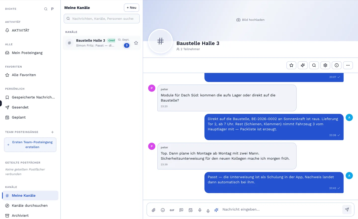 Kommunikationsbereich mit Chat und Postfach